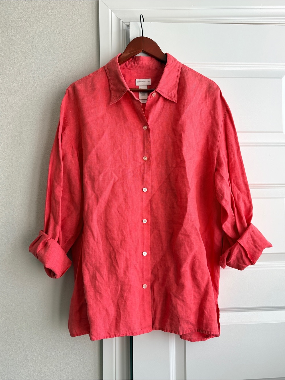 Liz Claiborne LizSport 100% Linen Coral pink Button Down Shirt XL